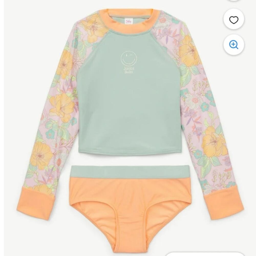 Justice Girls 2 Pc Long Sleeve Rashguard Swimsuit Pink/Blue Floral Size XL NEW
